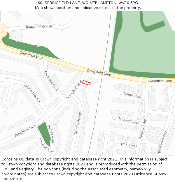 60, SPRINGFIELD LANE, WOLVERHAMPTON, WV10 6PG: Location map and indicative extent of plot