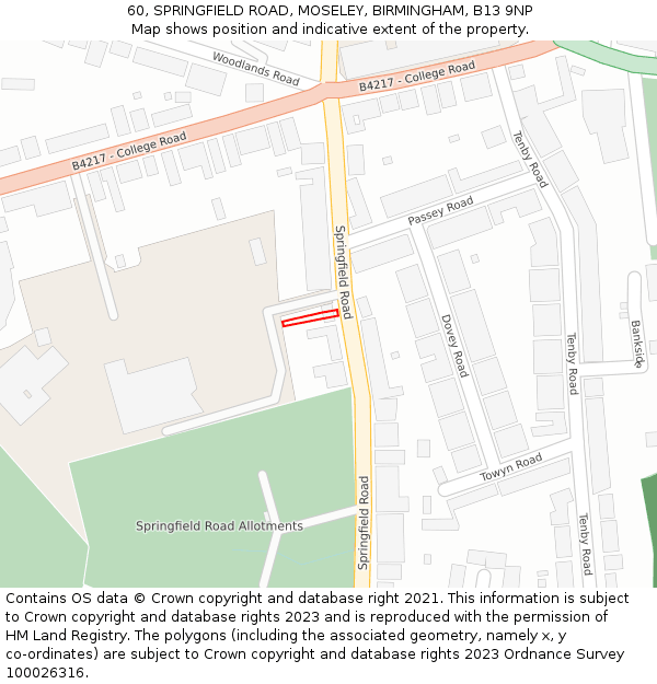 60, SPRINGFIELD ROAD, MOSELEY, BIRMINGHAM, B13 9NP: Location map and indicative extent of plot