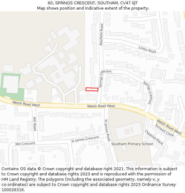 60, SPRINGS CRESCENT, SOUTHAM, CV47 0JT: Location map and indicative extent of plot