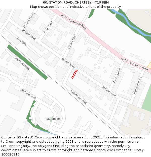 60, STATION ROAD, CHERTSEY, KT16 8BN: Location map and indicative extent of plot