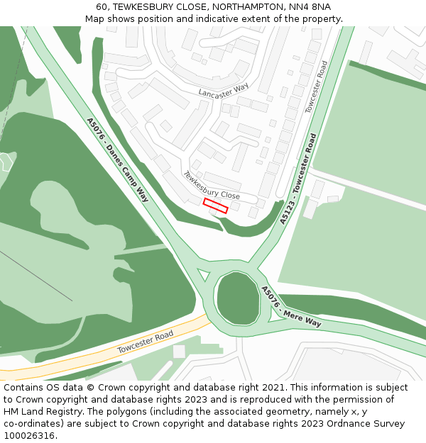 60, TEWKESBURY CLOSE, NORTHAMPTON, NN4 8NA: Location map and indicative extent of plot