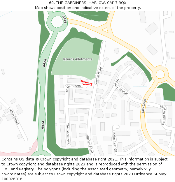 60, THE GARDINERS, HARLOW, CM17 9QX: Location map and indicative extent of plot