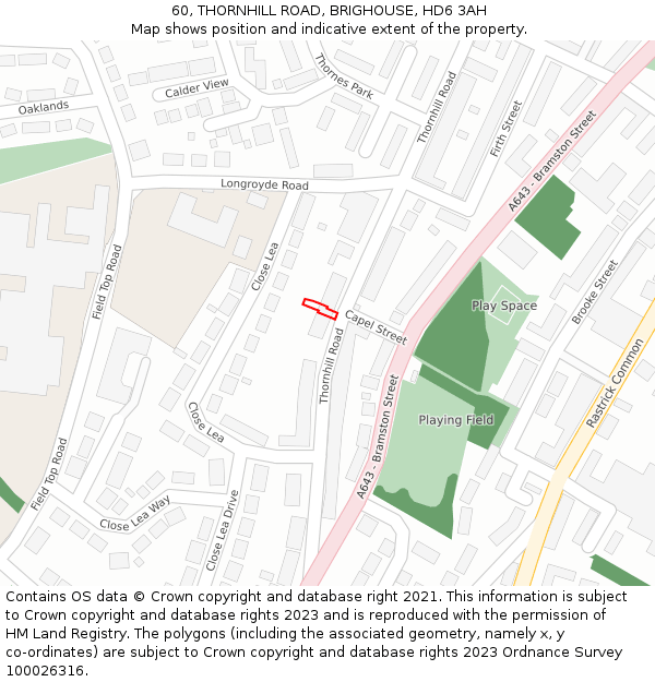 60, THORNHILL ROAD, BRIGHOUSE, HD6 3AH: Location map and indicative extent of plot