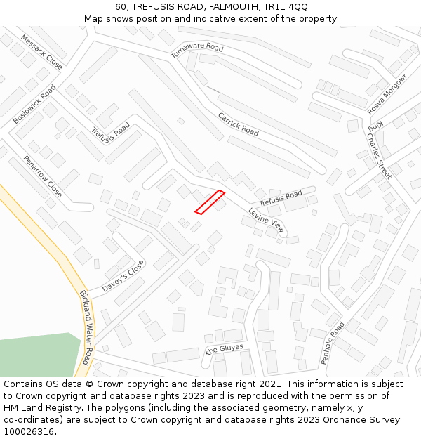 60, TREFUSIS ROAD, FALMOUTH, TR11 4QQ: Location map and indicative extent of plot