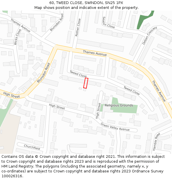 60, TWEED CLOSE, SWINDON, SN25 1PX: Location map and indicative extent of plot