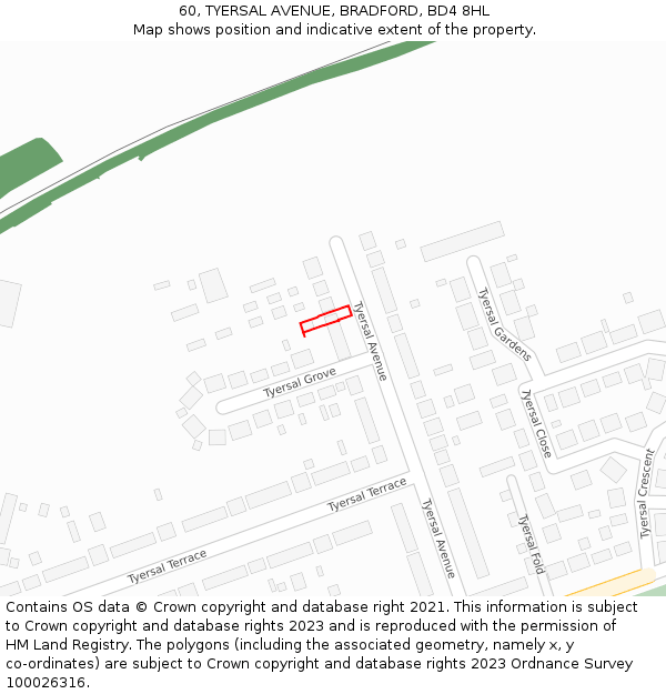 60, TYERSAL AVENUE, BRADFORD, BD4 8HL: Location map and indicative extent of plot