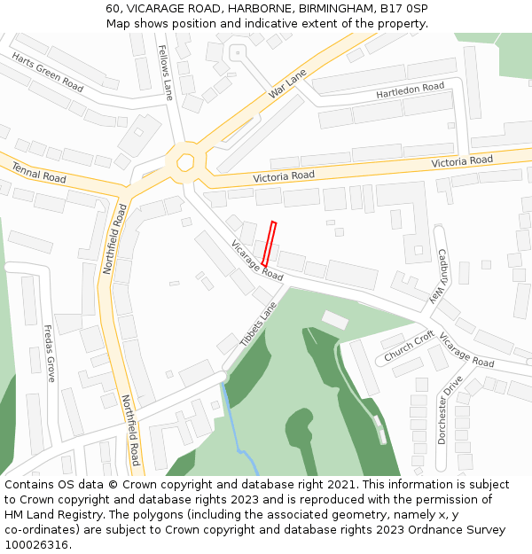 60, VICARAGE ROAD, HARBORNE, BIRMINGHAM, B17 0SP: Location map and indicative extent of plot