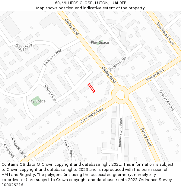 60, VILLIERS CLOSE, LUTON, LU4 9FR: Location map and indicative extent of plot