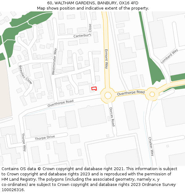 60, WALTHAM GARDENS, BANBURY, OX16 4FD: Location map and indicative extent of plot