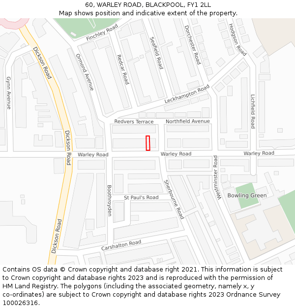 60, WARLEY ROAD, BLACKPOOL, FY1 2LL: Location map and indicative extent of plot