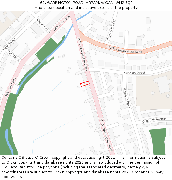 60, WARRINGTON ROAD, ABRAM, WIGAN, WN2 5QF: Location map and indicative extent of plot