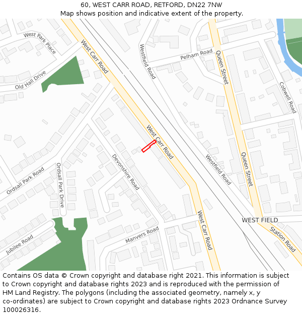 60, WEST CARR ROAD, RETFORD, DN22 7NW: Location map and indicative extent of plot