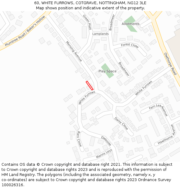 60, WHITE FURROWS, COTGRAVE, NOTTINGHAM, NG12 3LE: Location map and indicative extent of plot