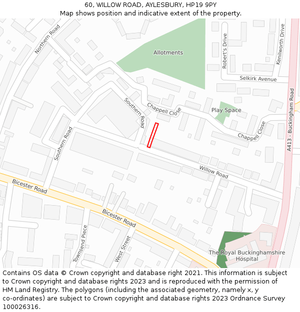 60, WILLOW ROAD, AYLESBURY, HP19 9PY: Location map and indicative extent of plot