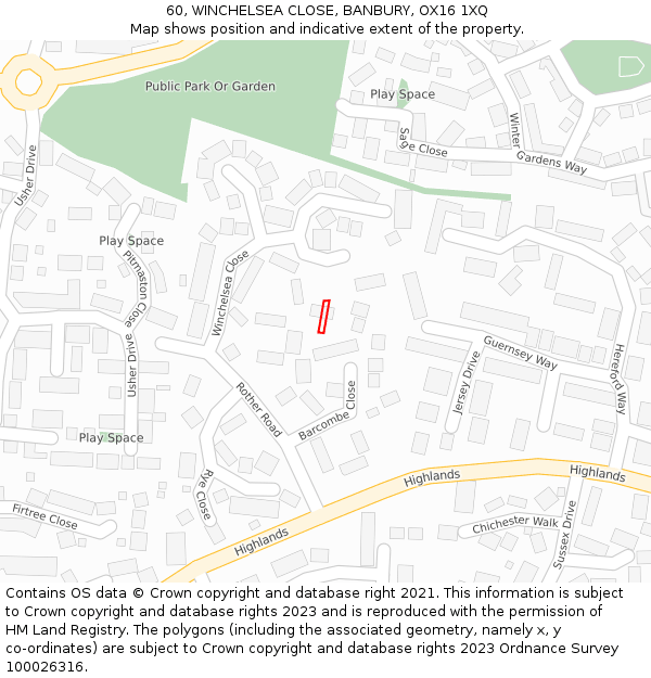 60, WINCHELSEA CLOSE, BANBURY, OX16 1XQ: Location map and indicative extent of plot