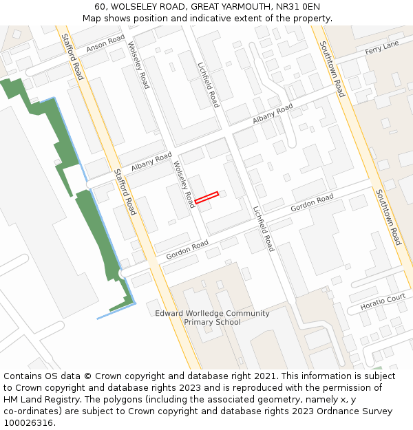 60, WOLSELEY ROAD, GREAT YARMOUTH, NR31 0EN: Location map and indicative extent of plot
