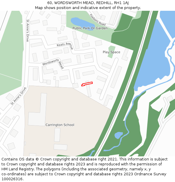 60, WORDSWORTH MEAD, REDHILL, RH1 1AJ: Location map and indicative extent of plot