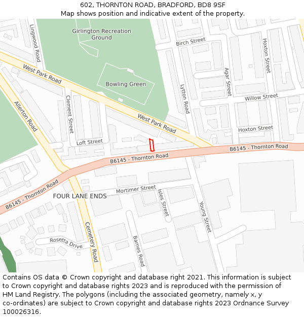 602, THORNTON ROAD, BRADFORD, BD8 9SF: Location map and indicative extent of plot
