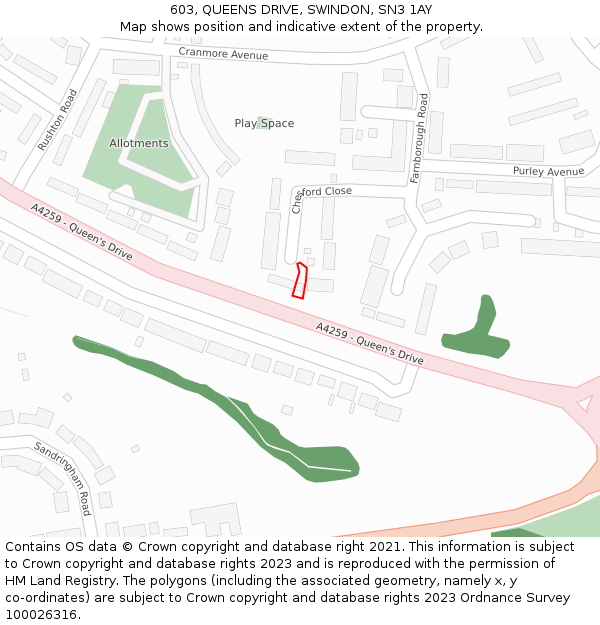 603, QUEENS DRIVE, SWINDON, SN3 1AY: Location map and indicative extent of plot