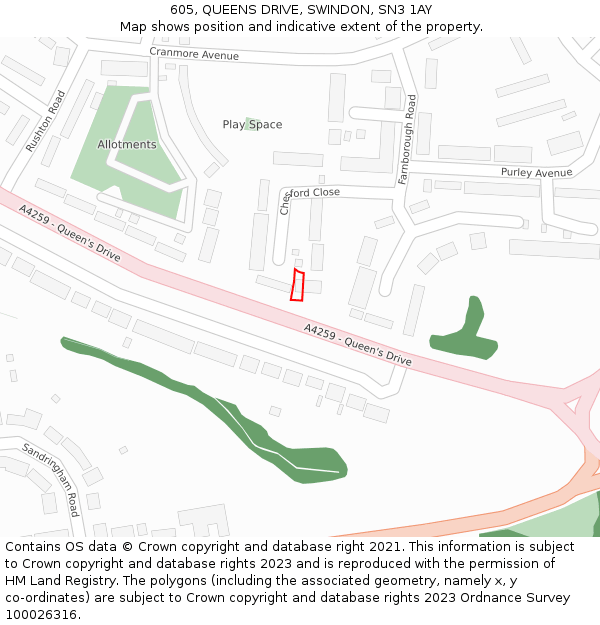 605, QUEENS DRIVE, SWINDON, SN3 1AY: Location map and indicative extent of plot