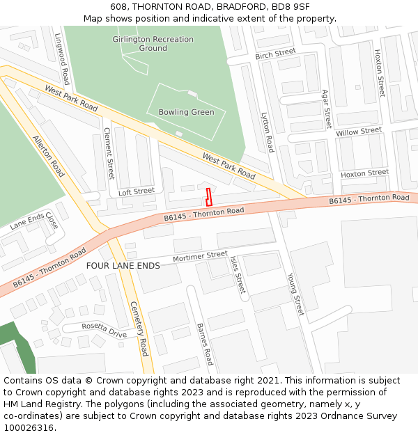 608, THORNTON ROAD, BRADFORD, BD8 9SF: Location map and indicative extent of plot