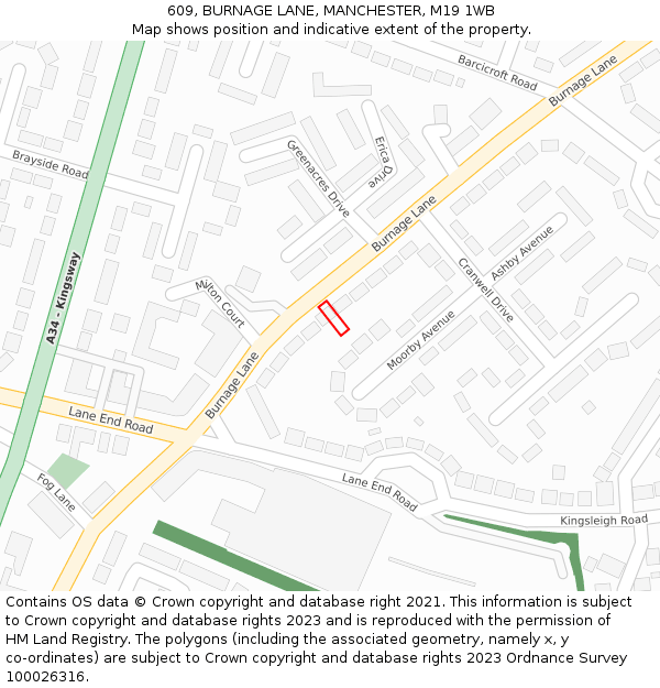 609, BURNAGE LANE, MANCHESTER, M19 1WB: Location map and indicative extent of plot
