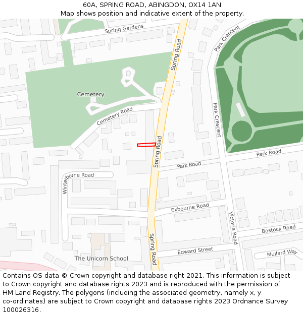 60A, SPRING ROAD, ABINGDON, OX14 1AN: Location map and indicative extent of plot