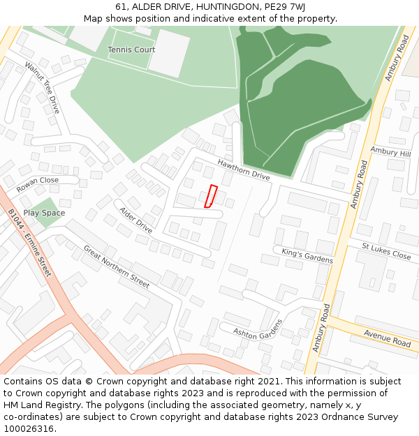 61, ALDER DRIVE, HUNTINGDON, PE29 7WJ: Location map and indicative extent of plot