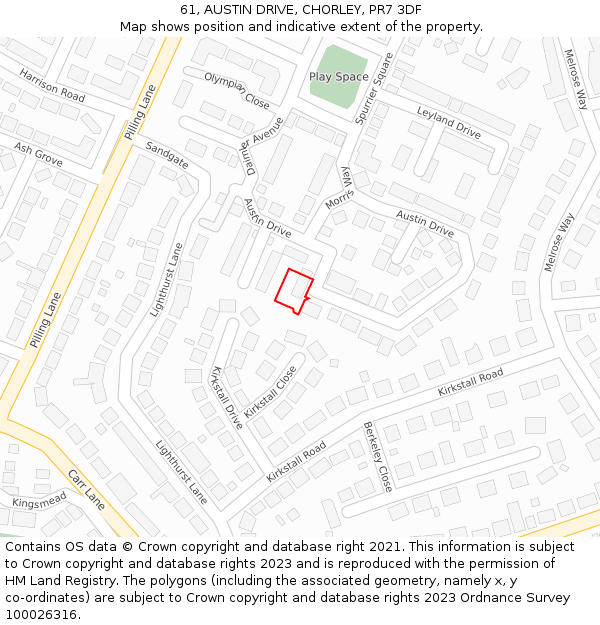 61, AUSTIN DRIVE, CHORLEY, PR7 3DF: Location map and indicative extent of plot