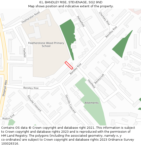 61, BANDLEY RISE, STEVENAGE, SG2 9ND: Location map and indicative extent of plot