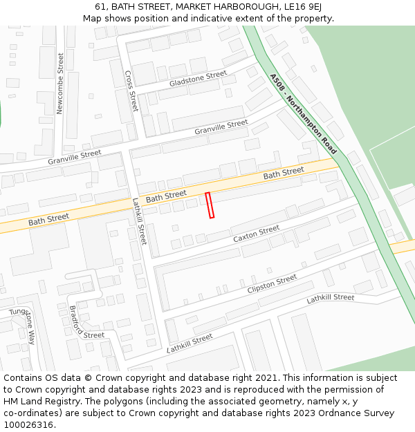 61, BATH STREET, MARKET HARBOROUGH, LE16 9EJ: Location map and indicative extent of plot