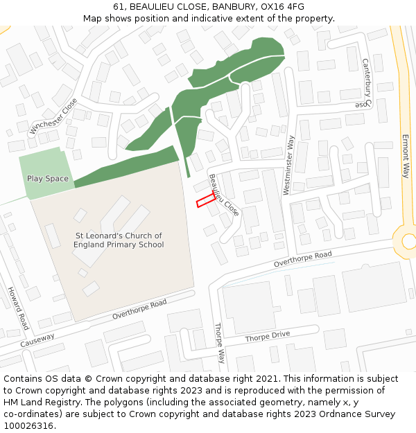 61, BEAULIEU CLOSE, BANBURY, OX16 4FG: Location map and indicative extent of plot