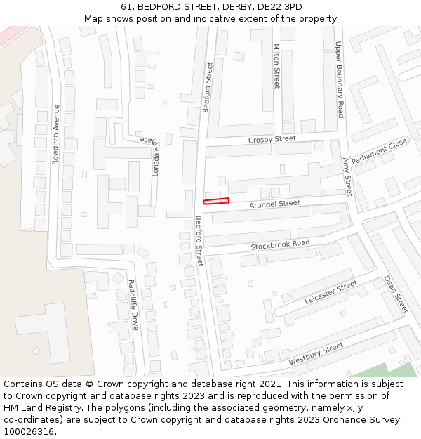 61, BEDFORD STREET, DERBY, DE22 3PD: Location map and indicative extent of plot