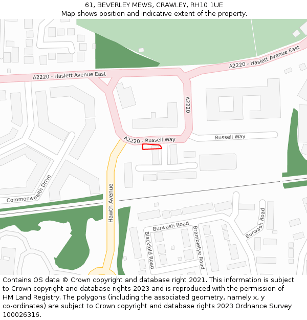 61, BEVERLEY MEWS, CRAWLEY, RH10 1UE: Location map and indicative extent of plot