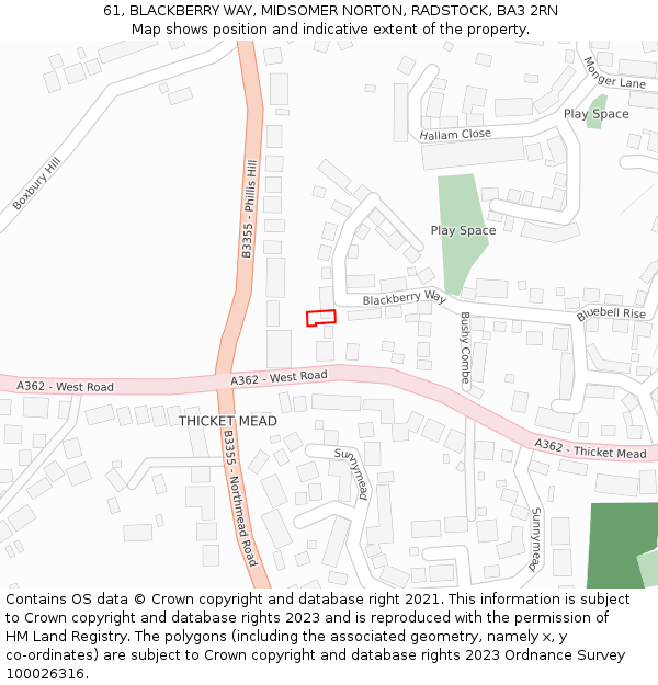 61, BLACKBERRY WAY, MIDSOMER NORTON, RADSTOCK, BA3 2RN: Location map and indicative extent of plot