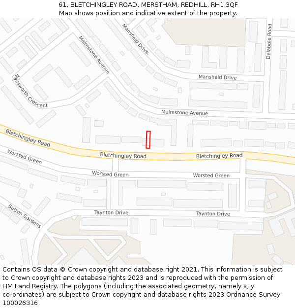 61, BLETCHINGLEY ROAD, MERSTHAM, REDHILL, RH1 3QF: Location map and indicative extent of plot