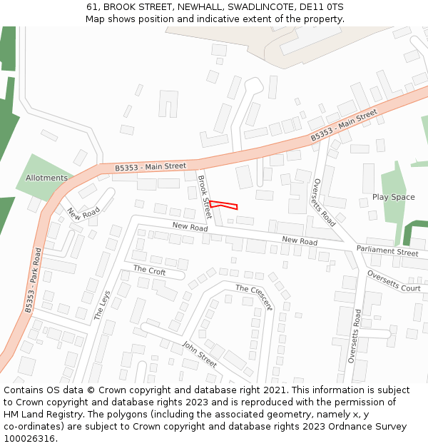 61, BROOK STREET, NEWHALL, SWADLINCOTE, DE11 0TS: Location map and indicative extent of plot