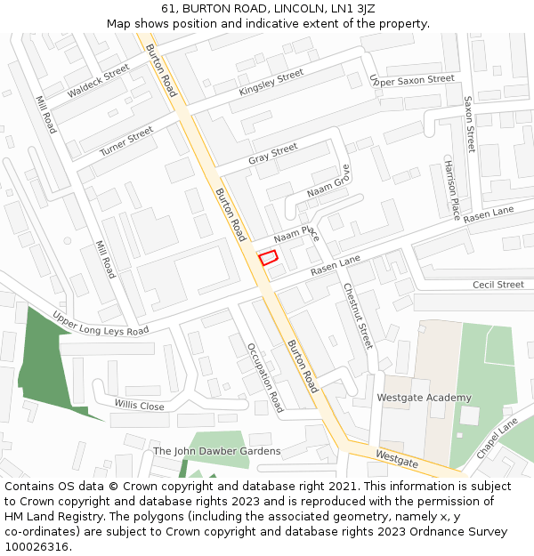 61, BURTON ROAD, LINCOLN, LN1 3JZ: Location map and indicative extent of plot