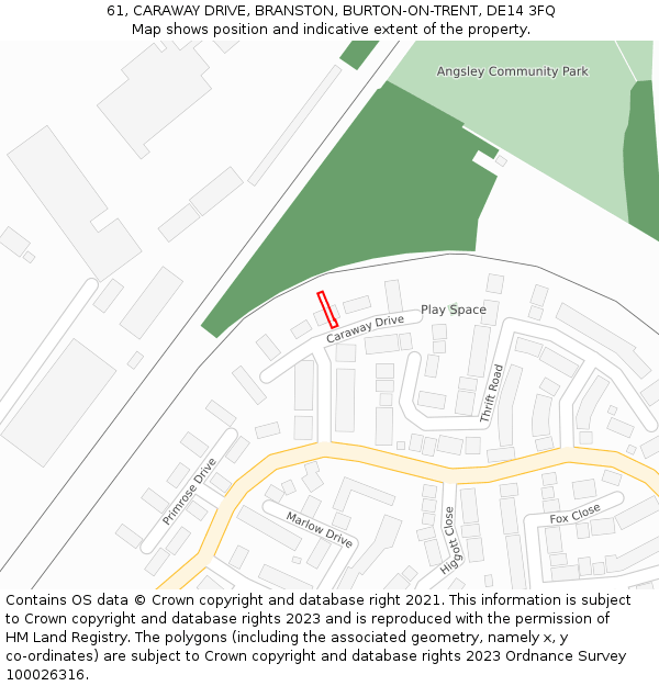 61, CARAWAY DRIVE, BRANSTON, BURTON-ON-TRENT, DE14 3FQ: Location map and indicative extent of plot