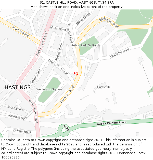 61, CASTLE HILL ROAD, HASTINGS, TN34 3RA: Location map and indicative extent of plot