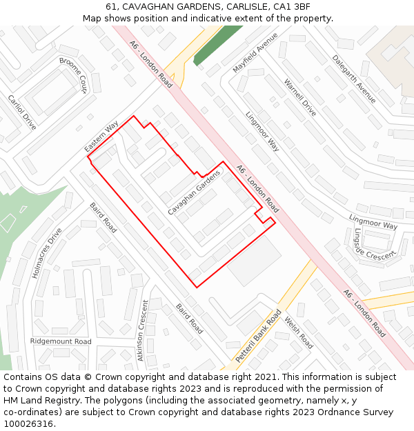 61, CAVAGHAN GARDENS, CARLISLE, CA1 3BF: Location map and indicative extent of plot