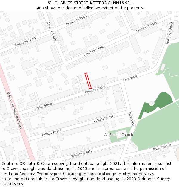 61, CHARLES STREET, KETTERING, NN16 9RL: Location map and indicative extent of plot