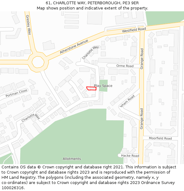 61, CHARLOTTE WAY, PETERBOROUGH, PE3 9ER: Location map and indicative extent of plot