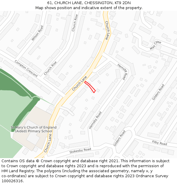 61, CHURCH LANE, CHESSINGTON, KT9 2DN: Location map and indicative extent of plot