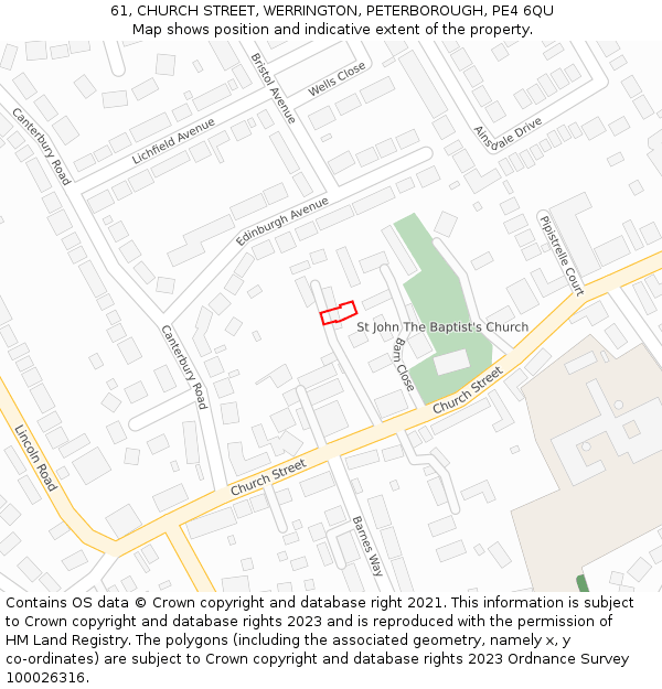 61, CHURCH STREET, WERRINGTON, PETERBOROUGH, PE4 6QU: Location map and indicative extent of plot