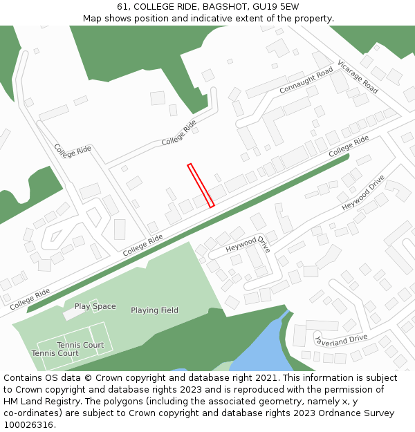 61, COLLEGE RIDE, BAGSHOT, GU19 5EW: Location map and indicative extent of plot