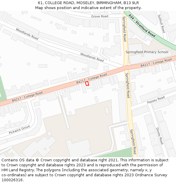 61, COLLEGE ROAD, MOSELEY, BIRMINGHAM, B13 9LR: Location map and indicative extent of plot
