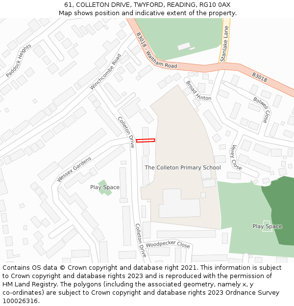 61, COLLETON DRIVE, TWYFORD, READING, RG10 0AX: Location map and indicative extent of plot