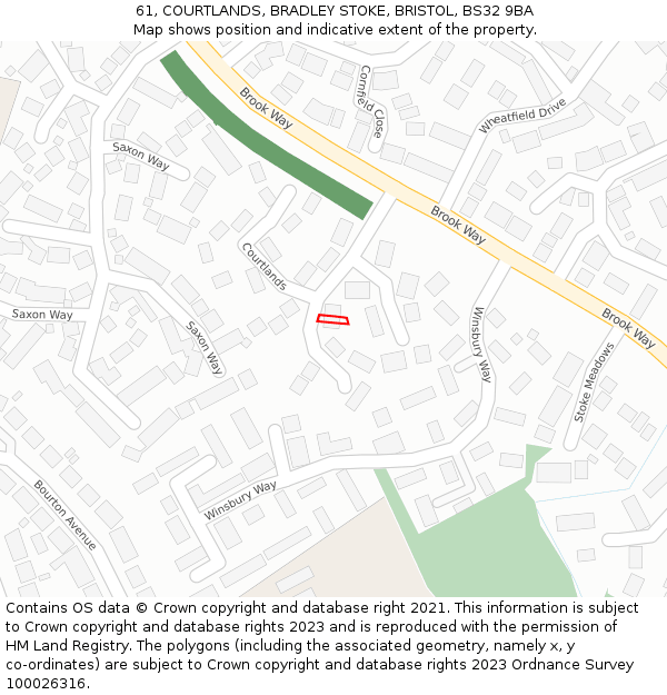 61, COURTLANDS, BRADLEY STOKE, BRISTOL, BS32 9BA: Location map and indicative extent of plot