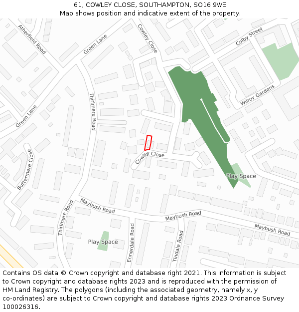 61, COWLEY CLOSE, SOUTHAMPTON, SO16 9WE: Location map and indicative extent of plot